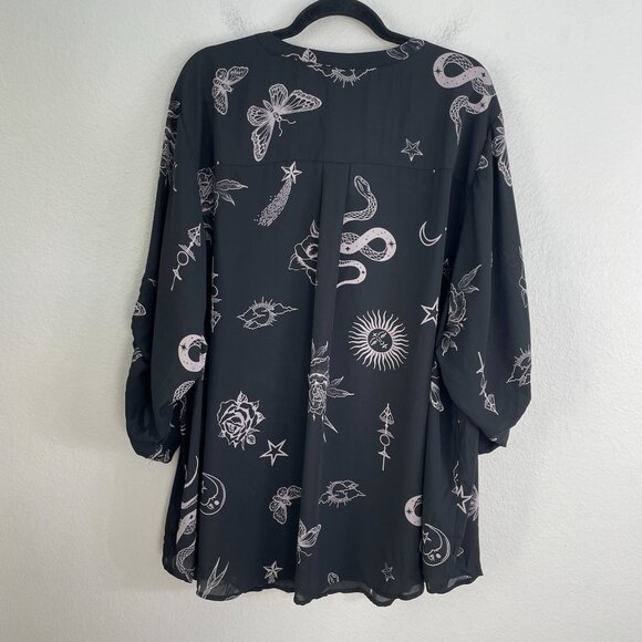 Torrid Harper Womens Plus 5X Black Tattoo Print Lace Up Blouse Roll Tab Sleeve - Picture 11 of 13